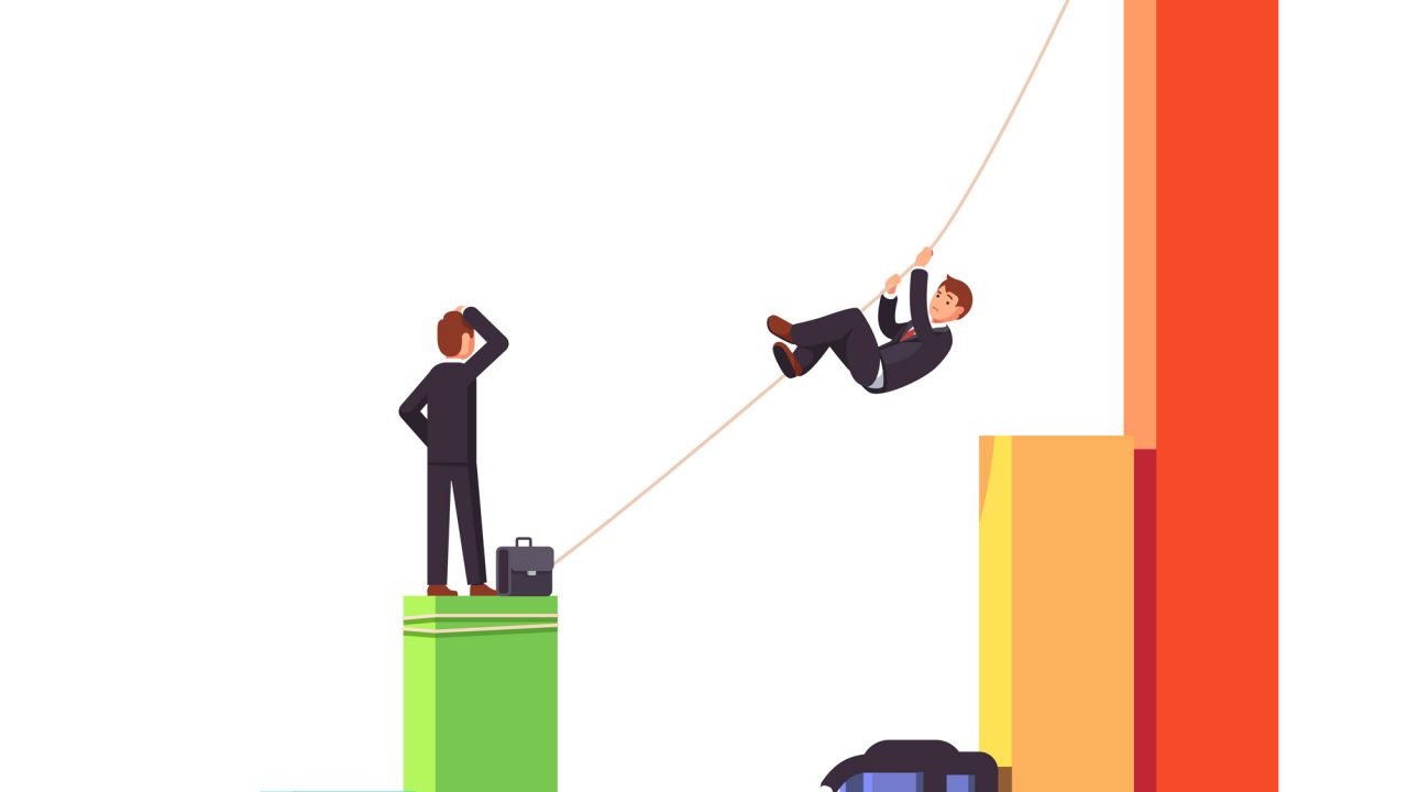 Businessman climbing up on a rope to a bar graph chart crossing startup death valley or economic decline and financial crisis. Competitor is dead. Business risks concept. Flat vector illustration.